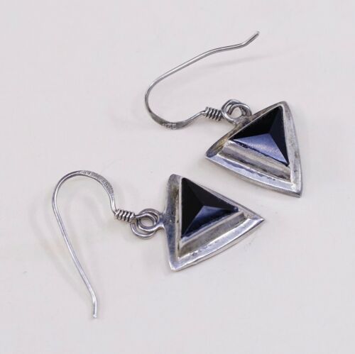 Amazing handmade Sterling Silver earrings, 925 Traigular Obsidian Dangles