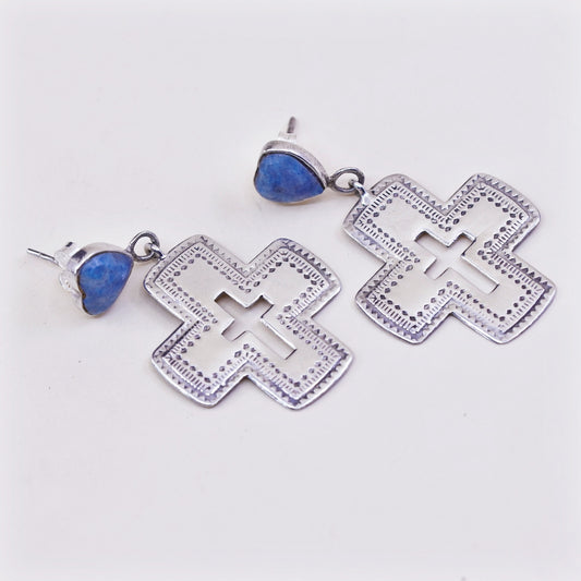 vtg Sterling 925 silver handmade textured cross earrings with heart sodalite