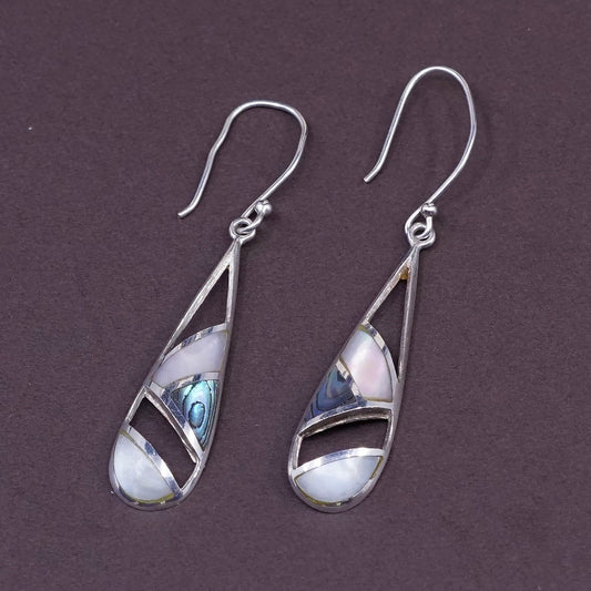 vtg Sterling silver handmade earrings, 925 teardrop dangle w/ abalone N MOP