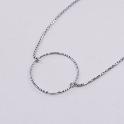 15+3” 1mm, Vtg Sterling Silver Necklace, 925 Box Chain W/ Circle Pendant