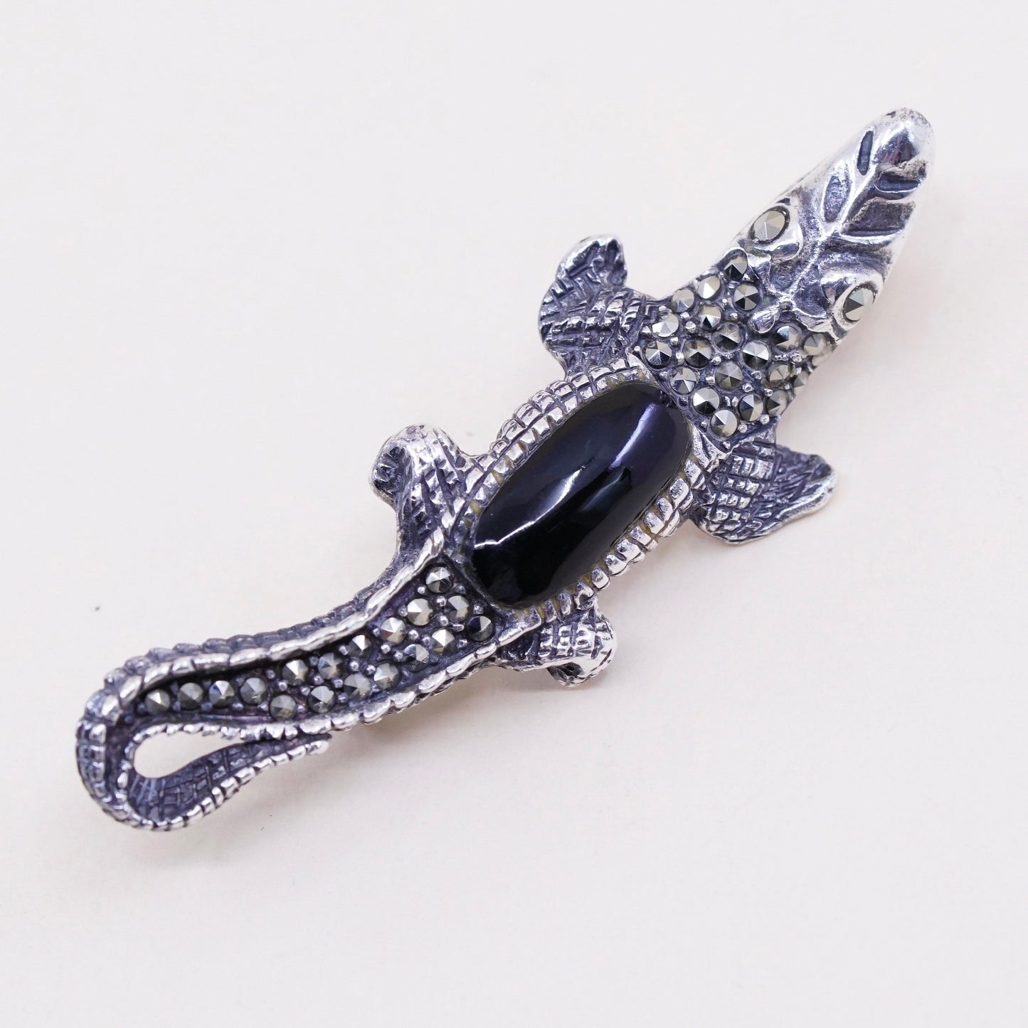 vtg Sterling 925 silver alligator crocodile brooch w/ obsidian N marcasite