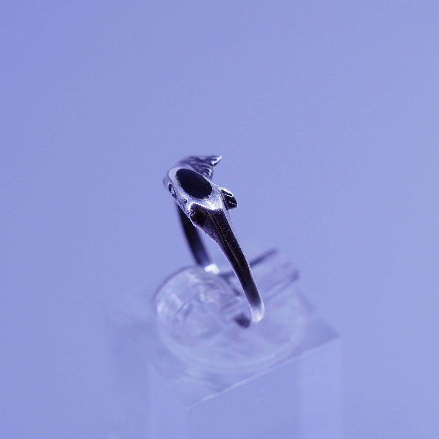 Size 8, vintage modern Sterling 925 silver handmade dolphin ring with obsidian