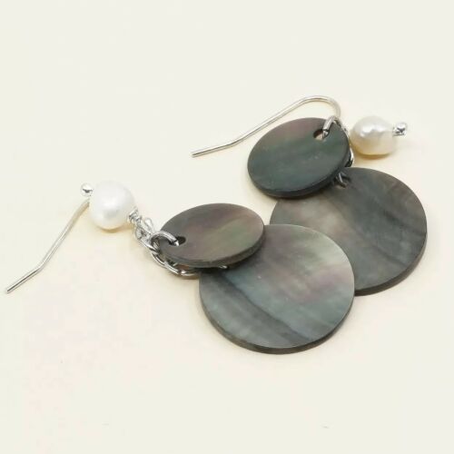 Vtg Sterling Silver Handmade Earrings, 925 Silver W/ abalone Disks N Pearl