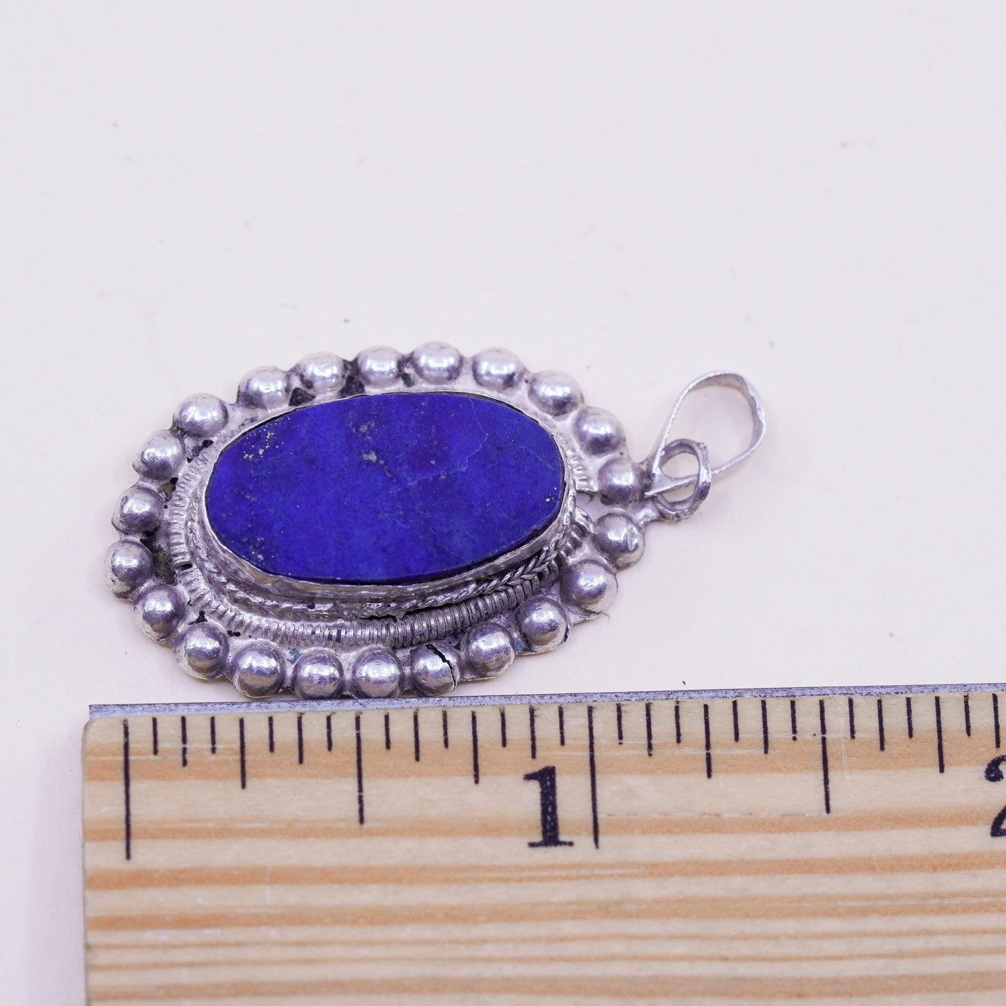 Vintage Sterling 925 silver handmade pendant with oval lapis lazuli and beads