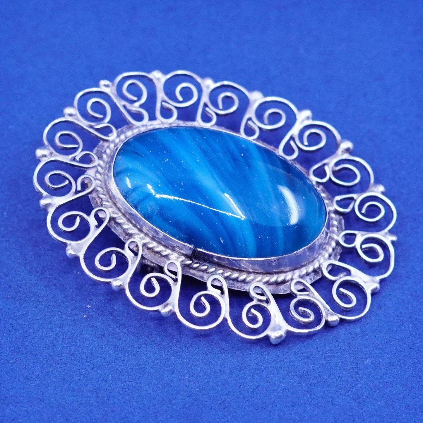 Vintage Hecho en Mexico Sterling silver brooch, 925 filigree pendant oval agate