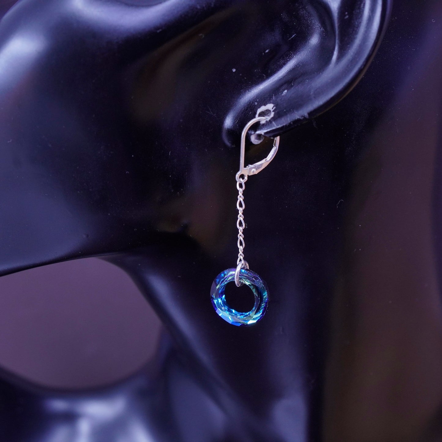 Vintage Sterling silver handmade earrings, 925 hooks with circle blue crystal
