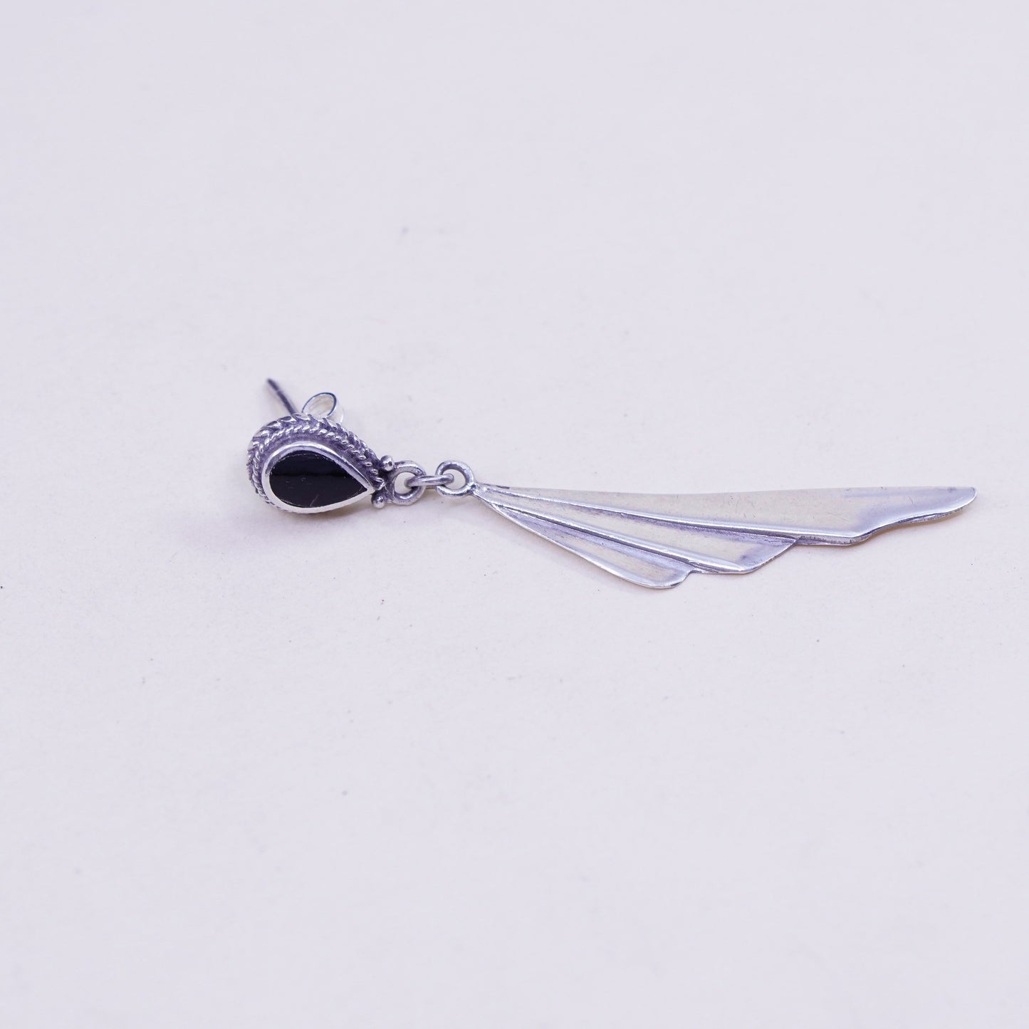 Sterling silver handmade earrings, Native American 925 wings teardrop obsidian