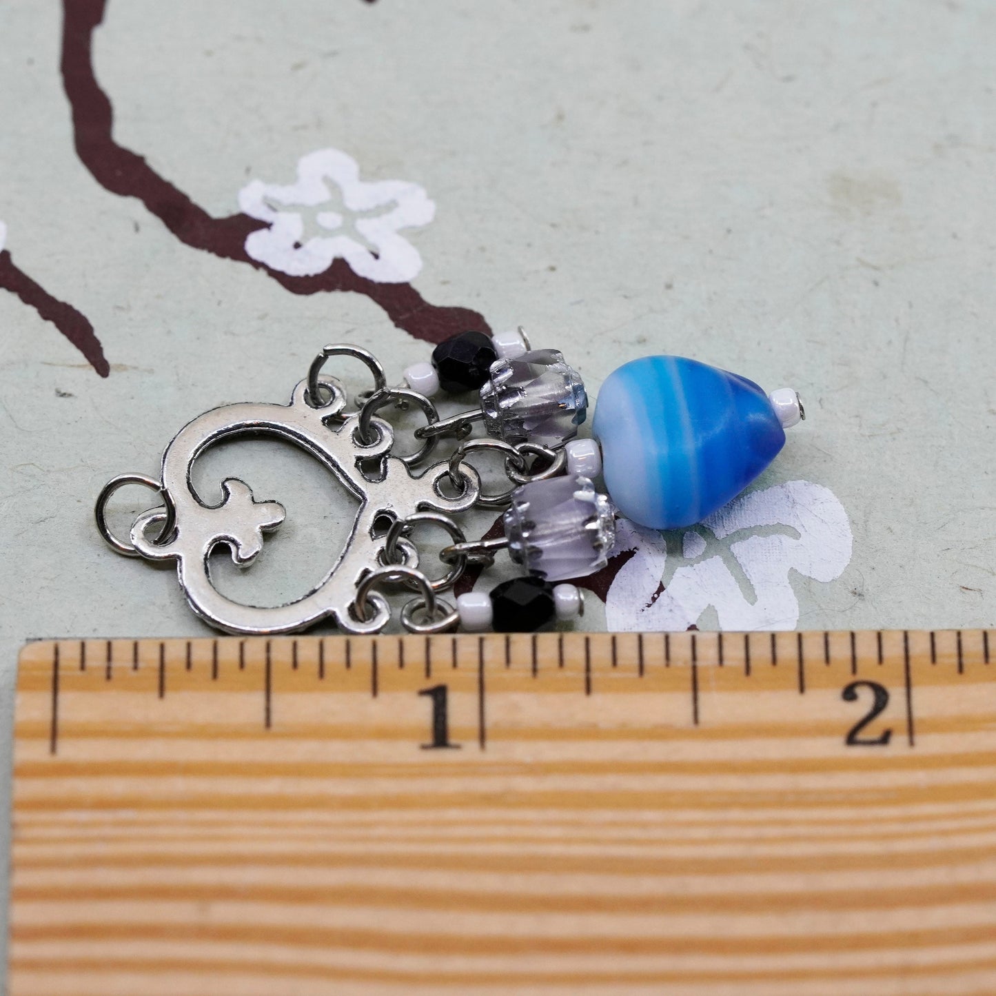 Vintage silver tone heart pendant with Blue agate charms