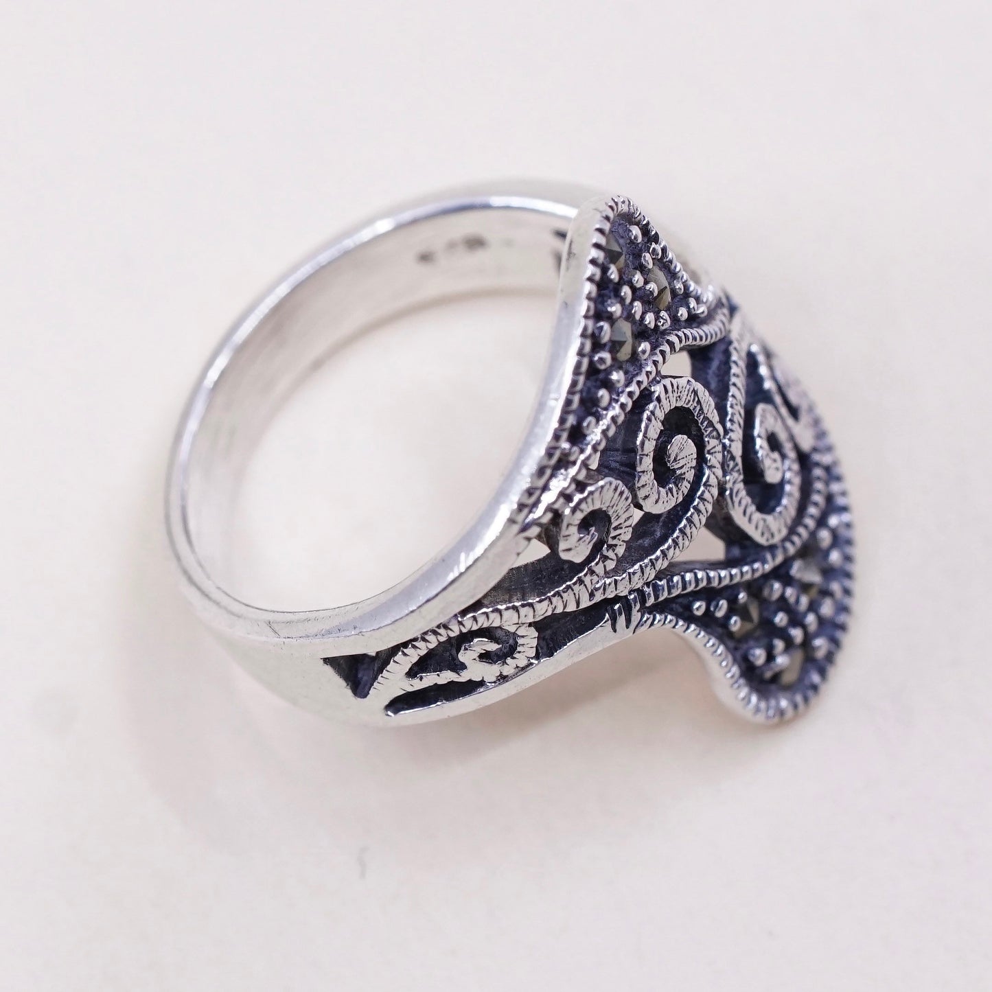 Size 7, Vintage Sterling silver handmade ring, 925 band with Marcasite