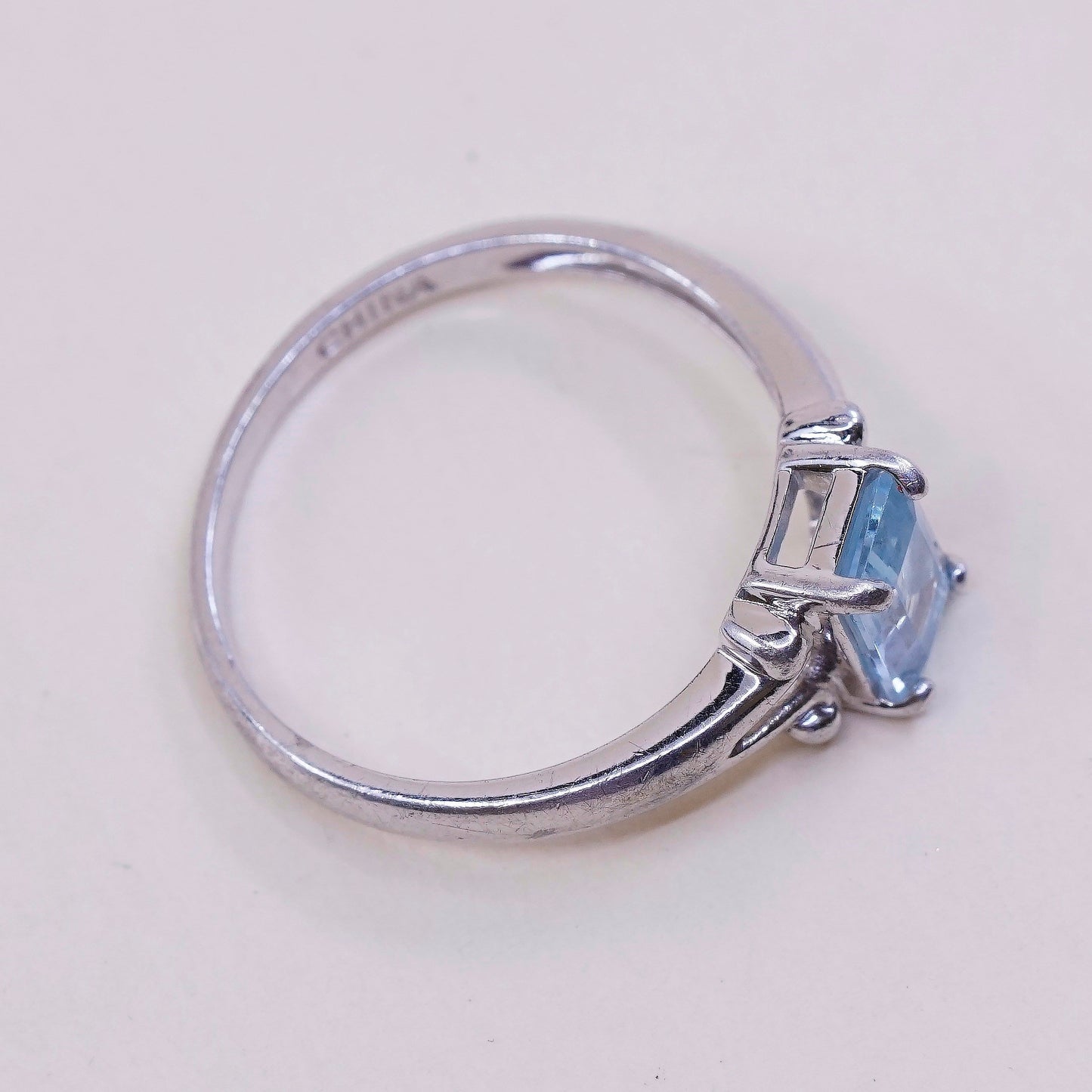 sz 7.25, vtg Sterling silver statement ring, 925 stackable band w/ blue topaz
