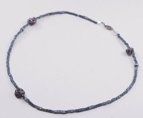 19”, Vtg Sterling 925 Silver Handmade Necklace, Hematite Beads, Stamped 925