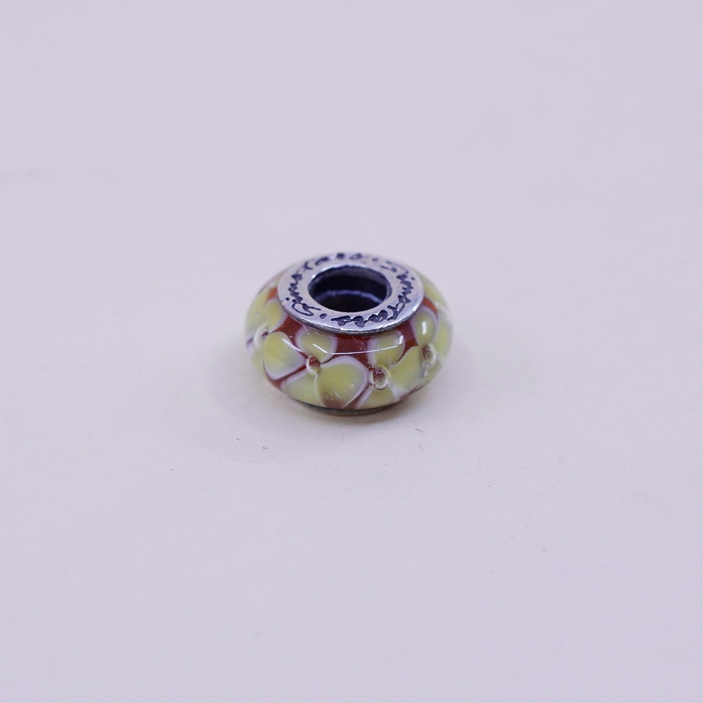 Vintage Sterling 925 silver handmade yellow floral Murano glass bead charm