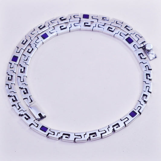 17”, vintage Mexico sterling silver necklace, men 925 S link chain blue enamel
