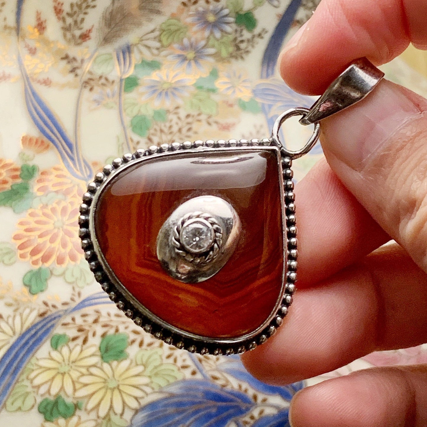 vtg sterling silver handmade pendant, 925 with carnelian agate and Cz