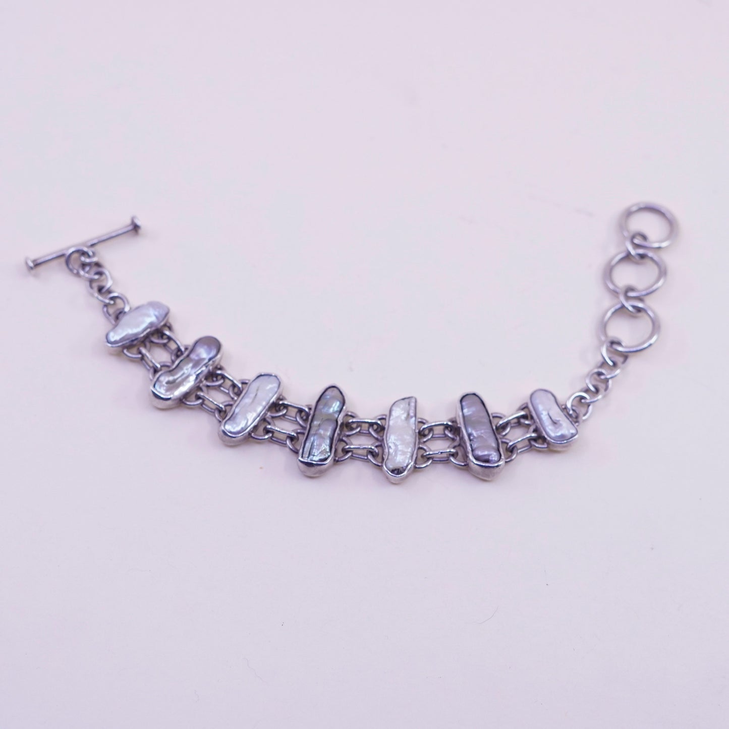 6.5+1”, handmade Sterling 925 silver bracelet with long pearl toggle closure