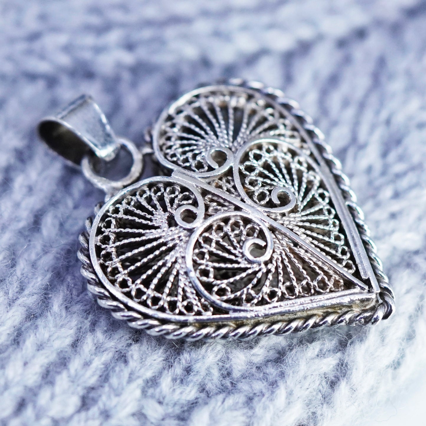 Vintage sterling 925 silver filigree heart pendant charm