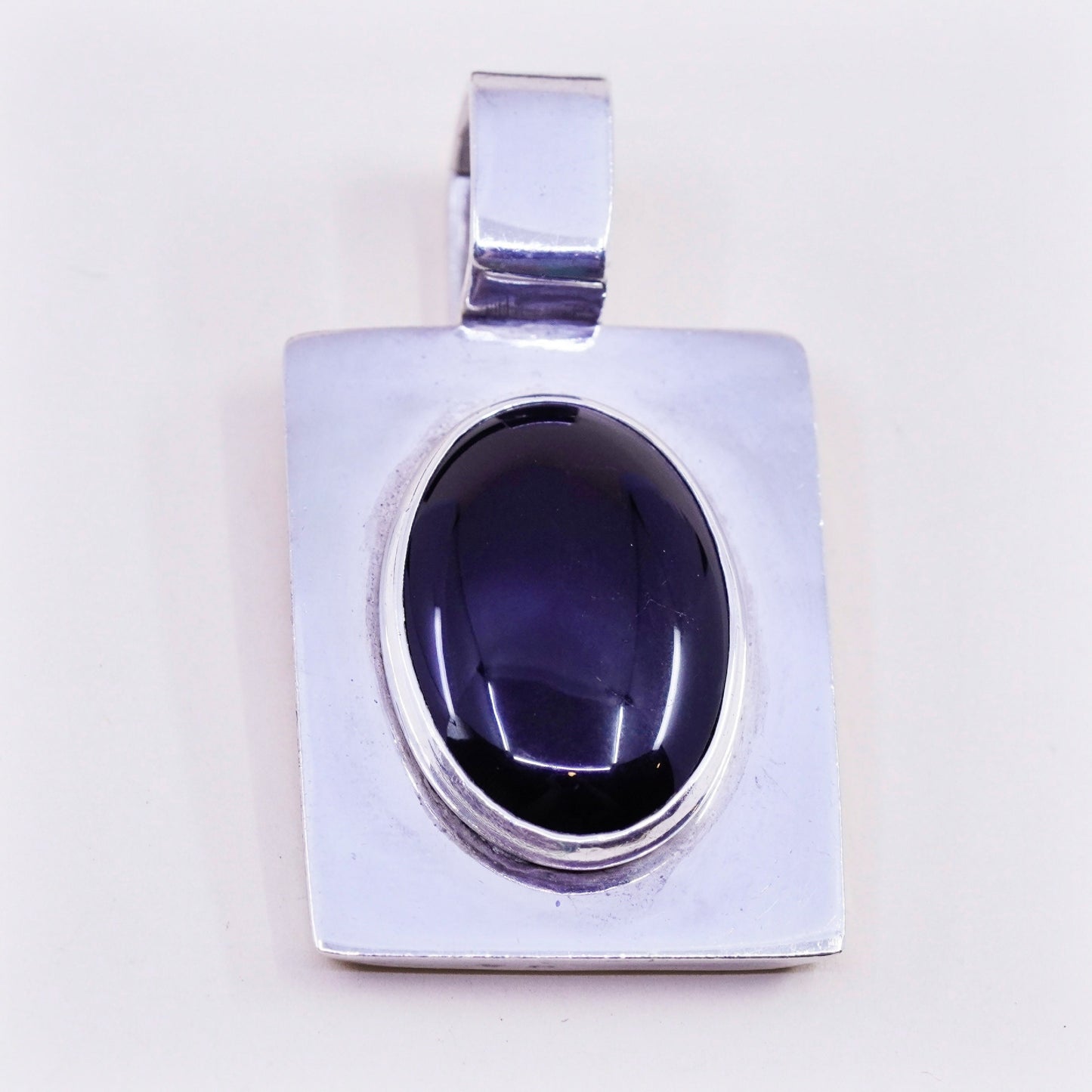 vintage handmade sterling 925 silver square pendant with oval black onyx