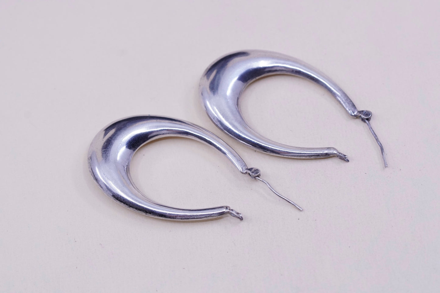 1.75” vtg sterling silver handmade earrings, minimalist primitive oval hoops
