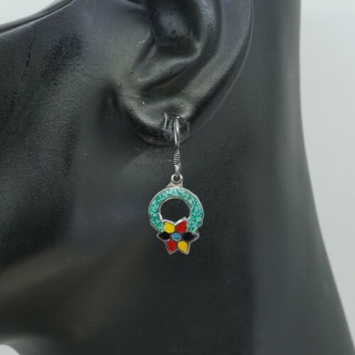 Vtg Sterling Handmade Earrings, Mexico 925 Silver Enamel Flower, Stamped tm 95