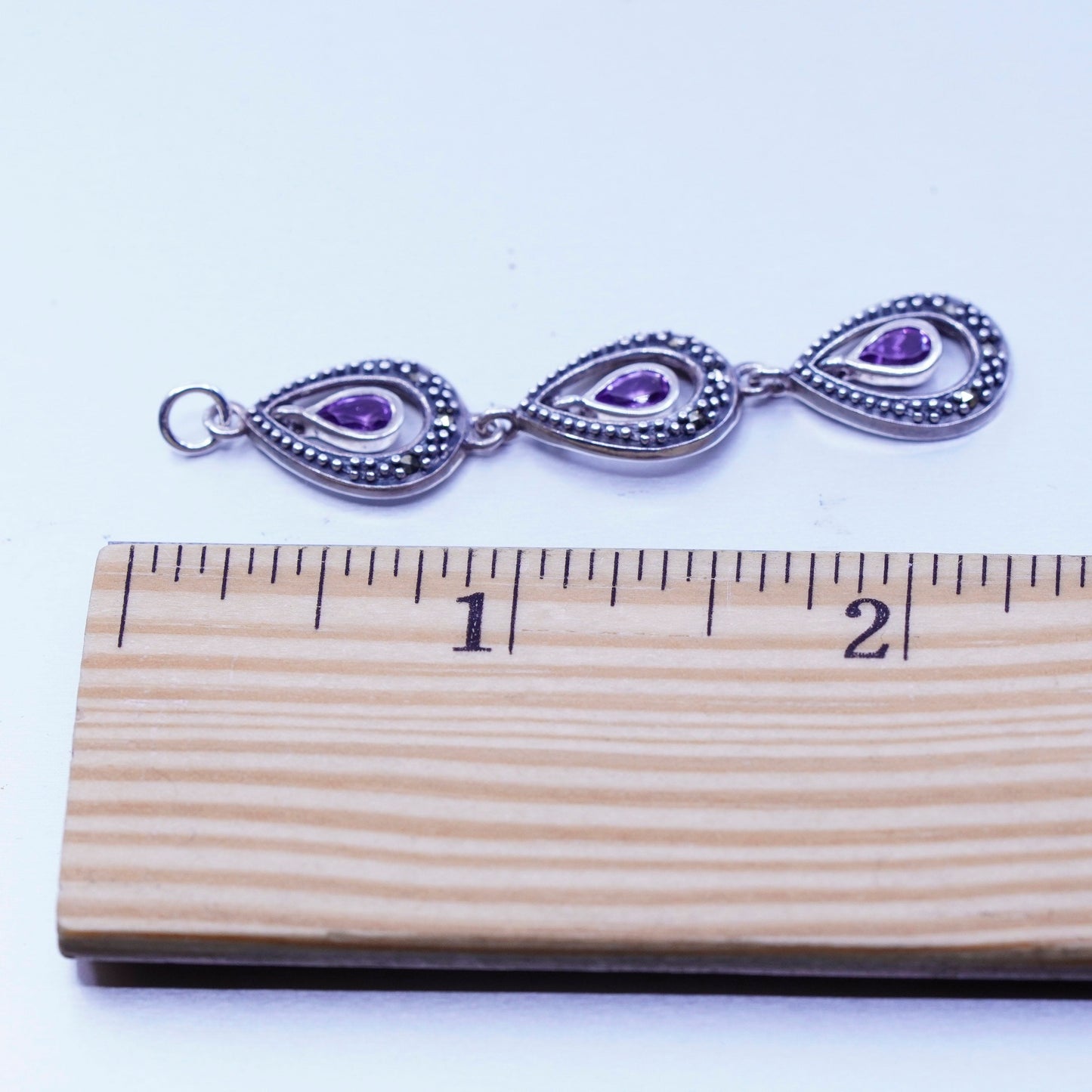 Sterling silver handmade charm, 925 teardrop pendant Marcasite and amethyst