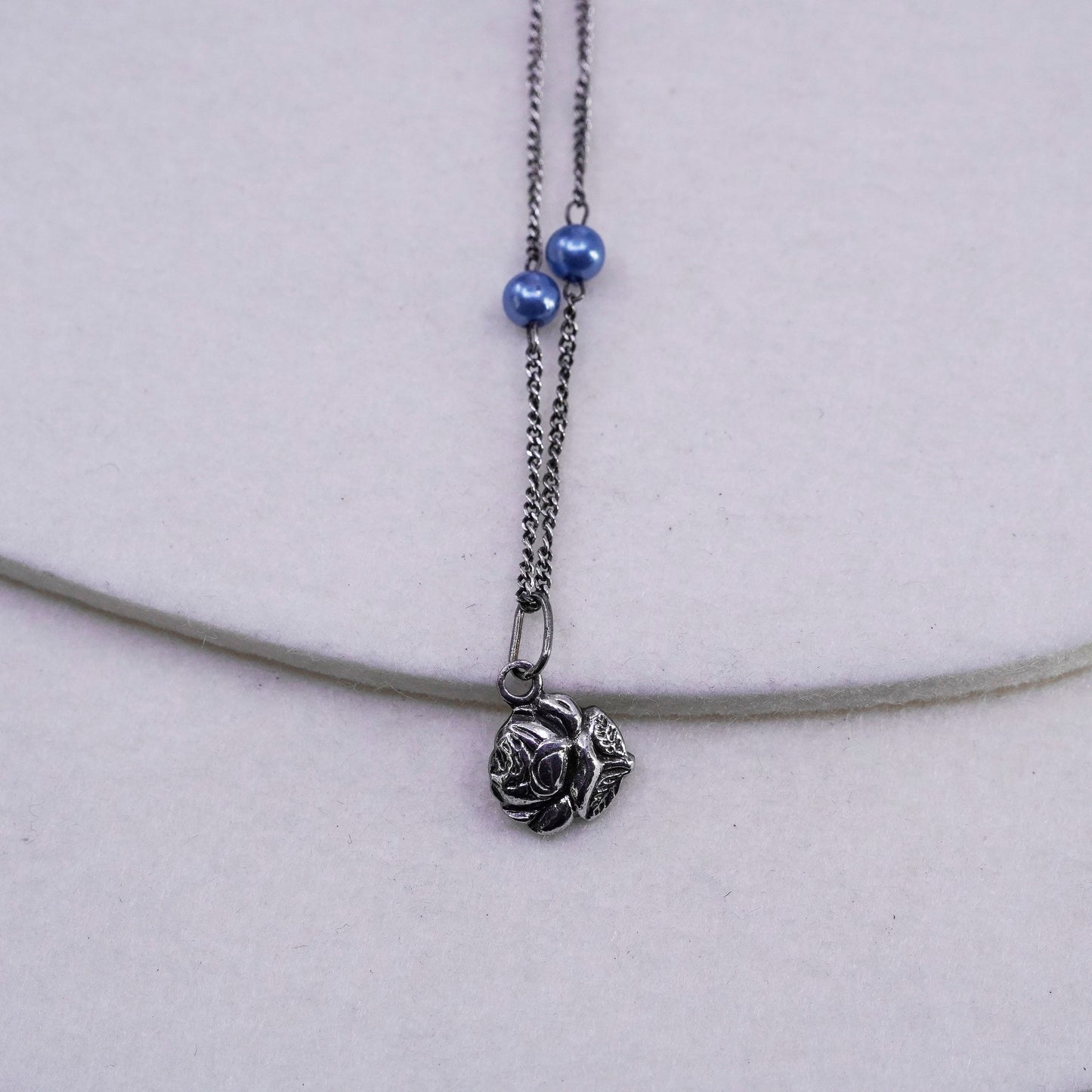 20”, Sterling 925 silver handmade curb necklace with pearl rose flower pendant