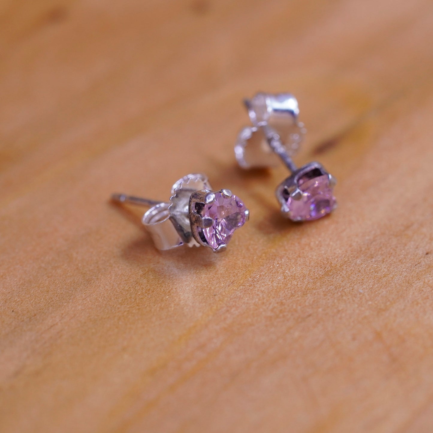 Vintage Sterling silver handmade earrings, 925 heart studs with pink cz