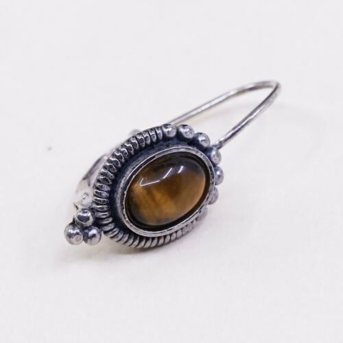 Vtg Sterling Silver Handmade Earrings, 925 Silver W/ Golden Tiger Eye