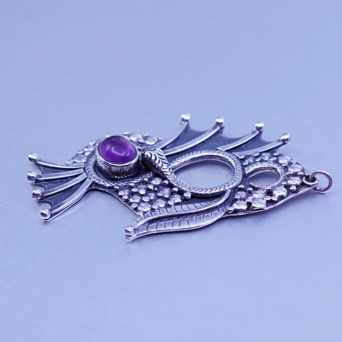 antique sterling 925 silver handmade charm fish pendant with snake and amethyst