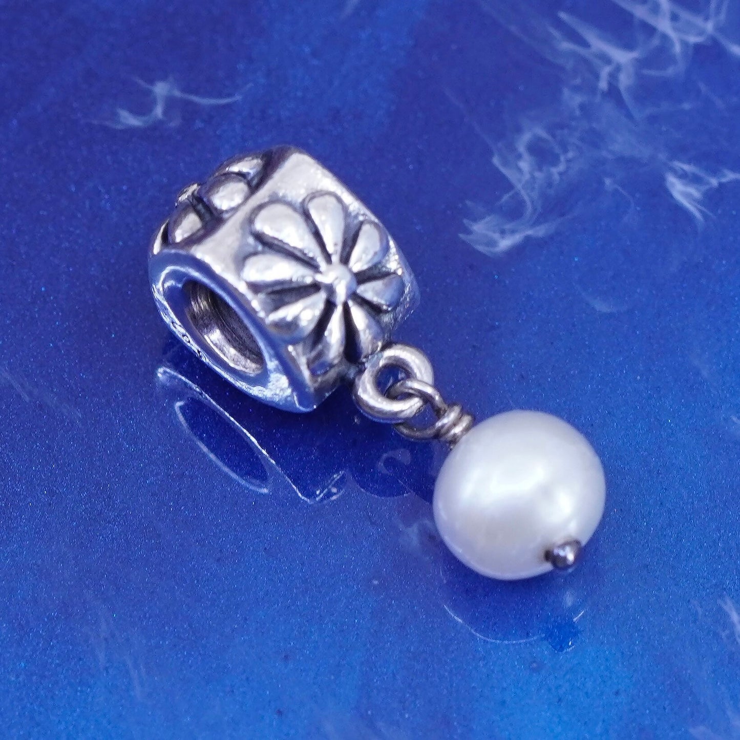 Vintage sterling silver handmade pendant, 925 bead charm embossed flower pearl