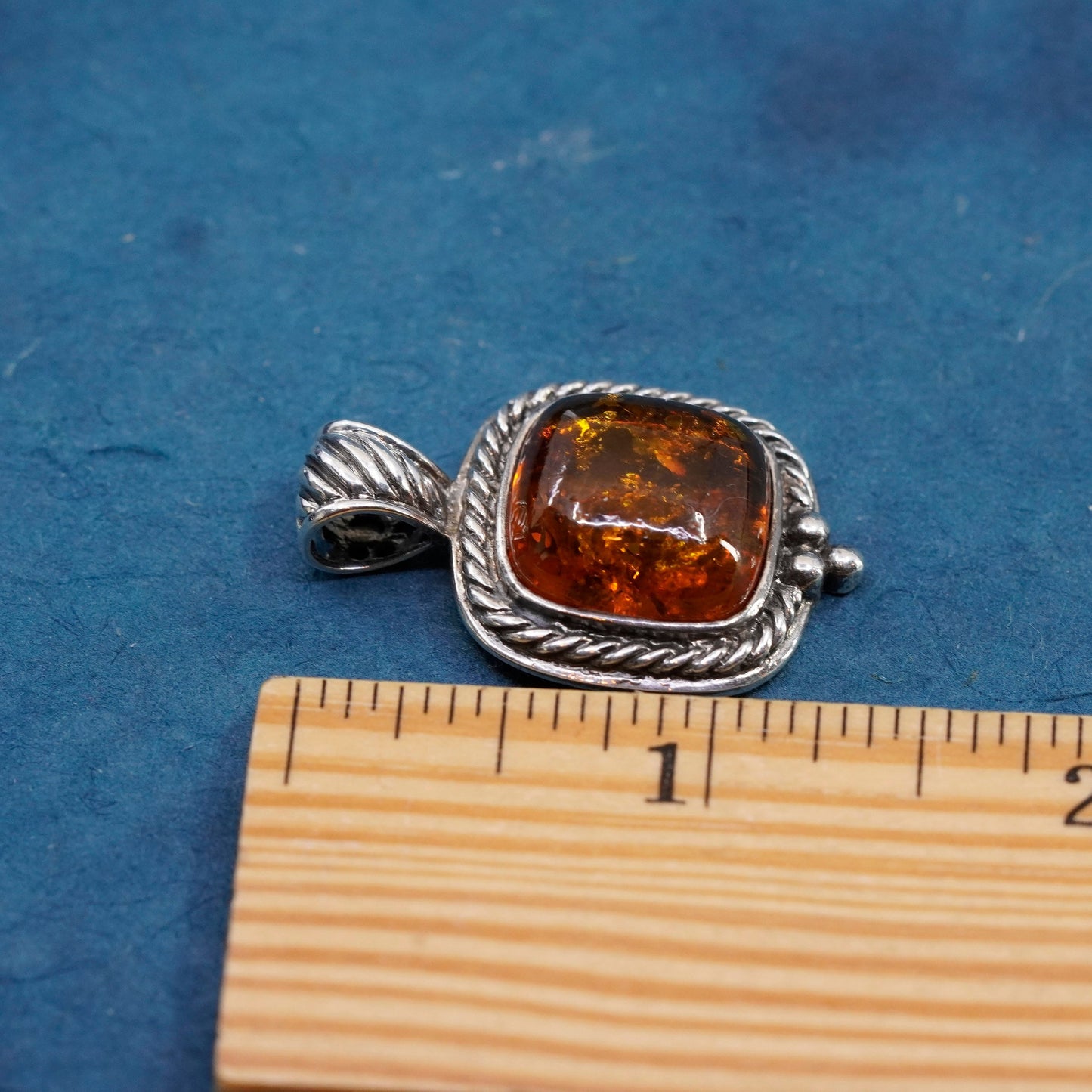 Vintage sterling silver handmade pendant, 925 resin amber and cable around