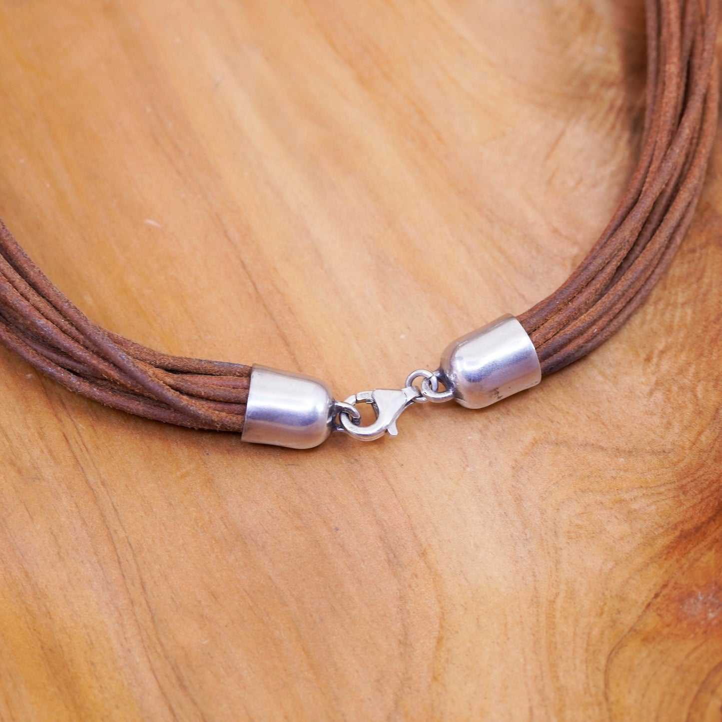 15”, Sterling Silver Multi Strand brown Leather Necklace 925 silver Pendant