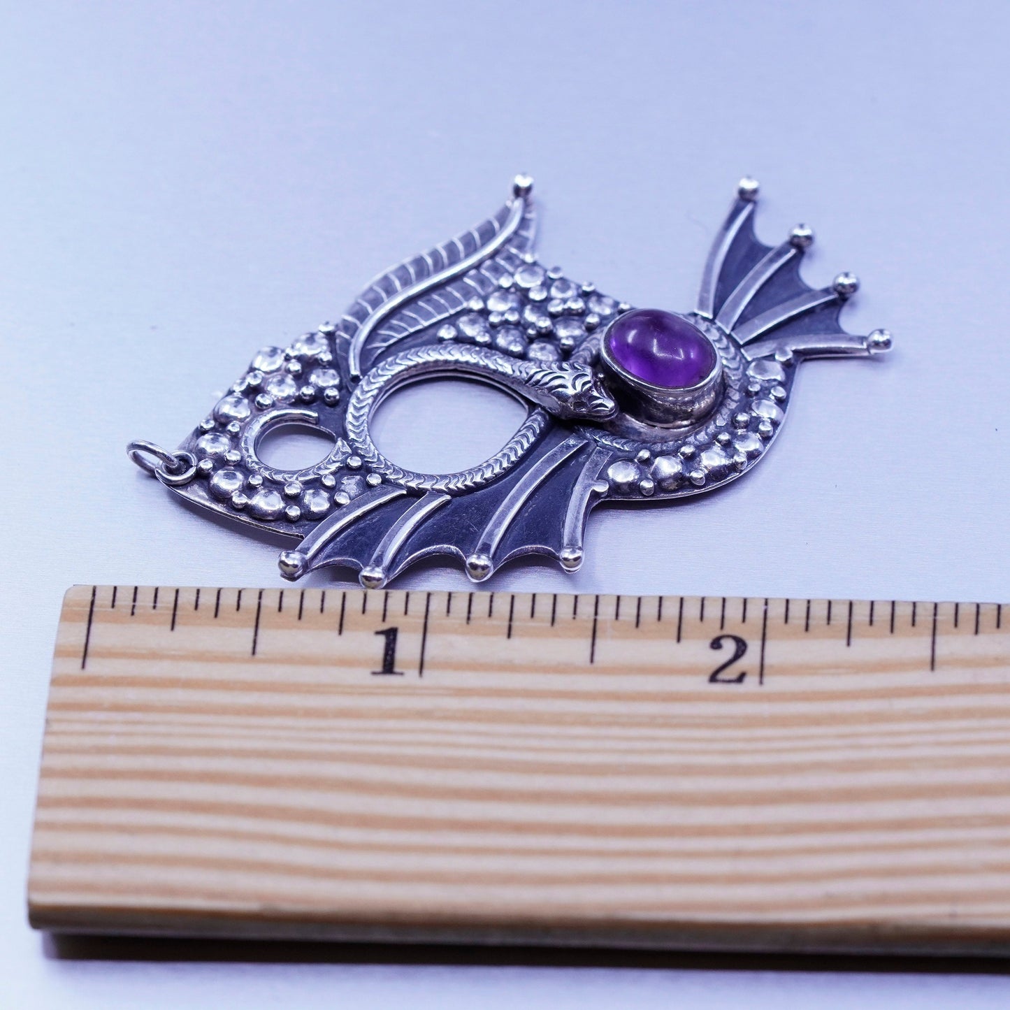 antique sterling 925 silver handmade charm fish pendant with snake and amethyst