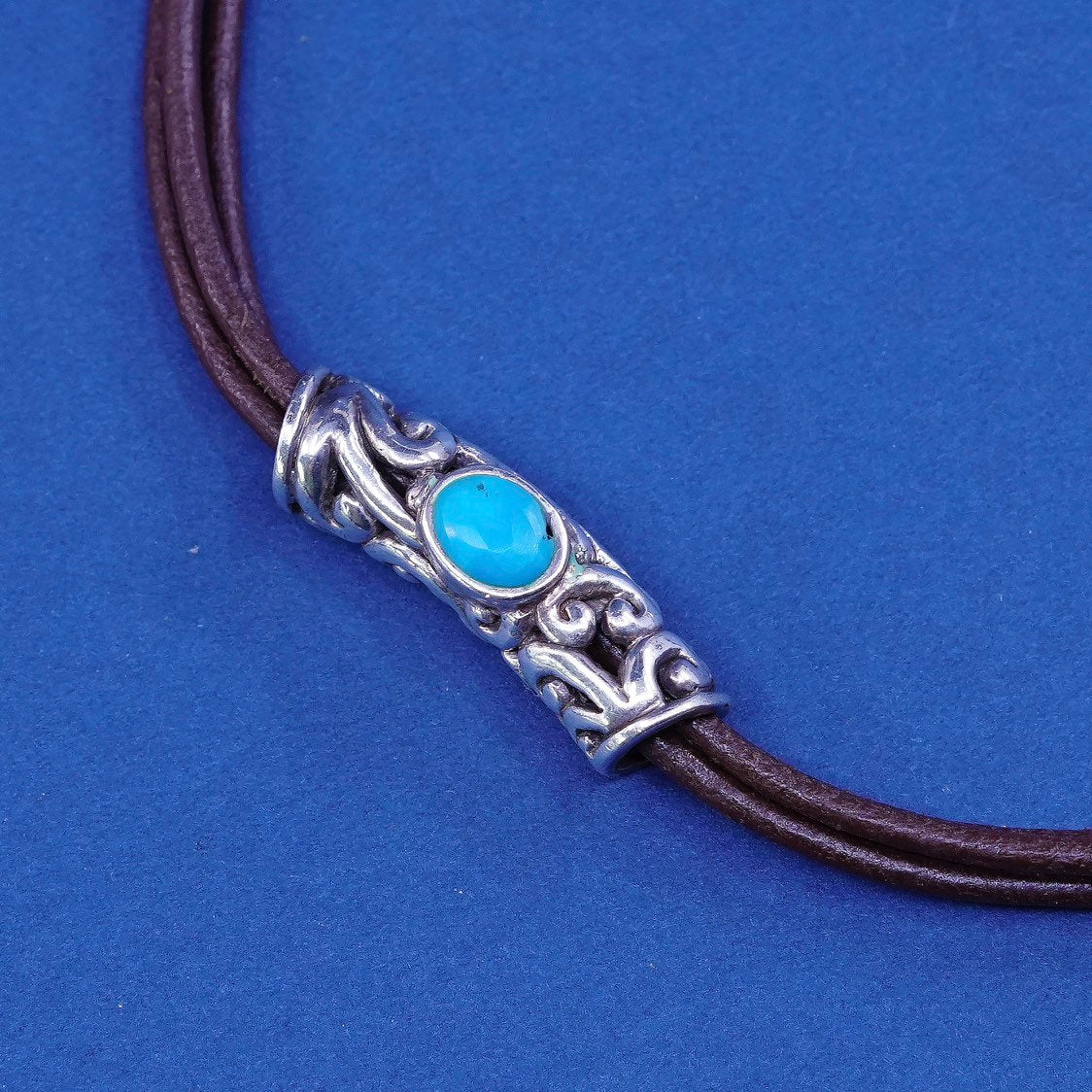 16”, Sterling Silver Multi Strand Leather Necklace 925 Swirl Pendant turquoise