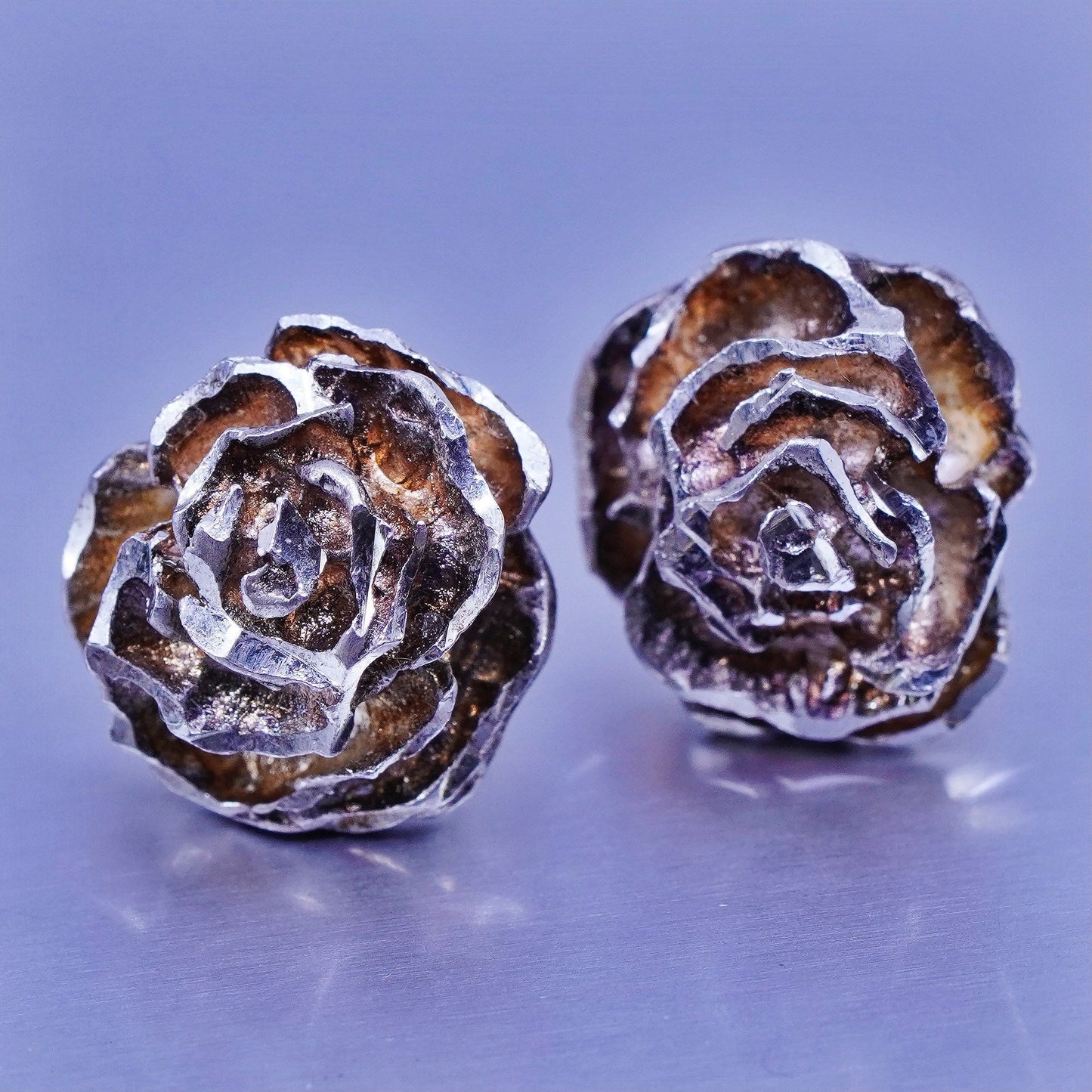 Vintage Sterling 925 silver handmade earrings, rose flower studs