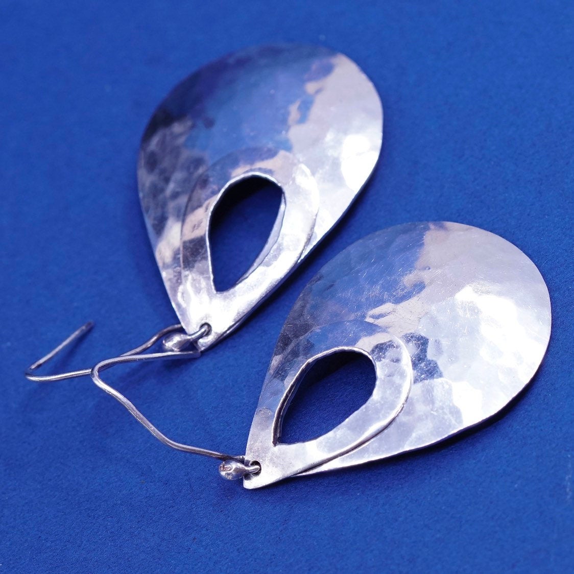 vtg sterling silver handmade earrings, 925 hammered teardrop drops