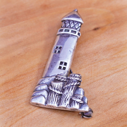 Vintage sterling silver handmade brooch, 925 lighthouse pendant w/ deck