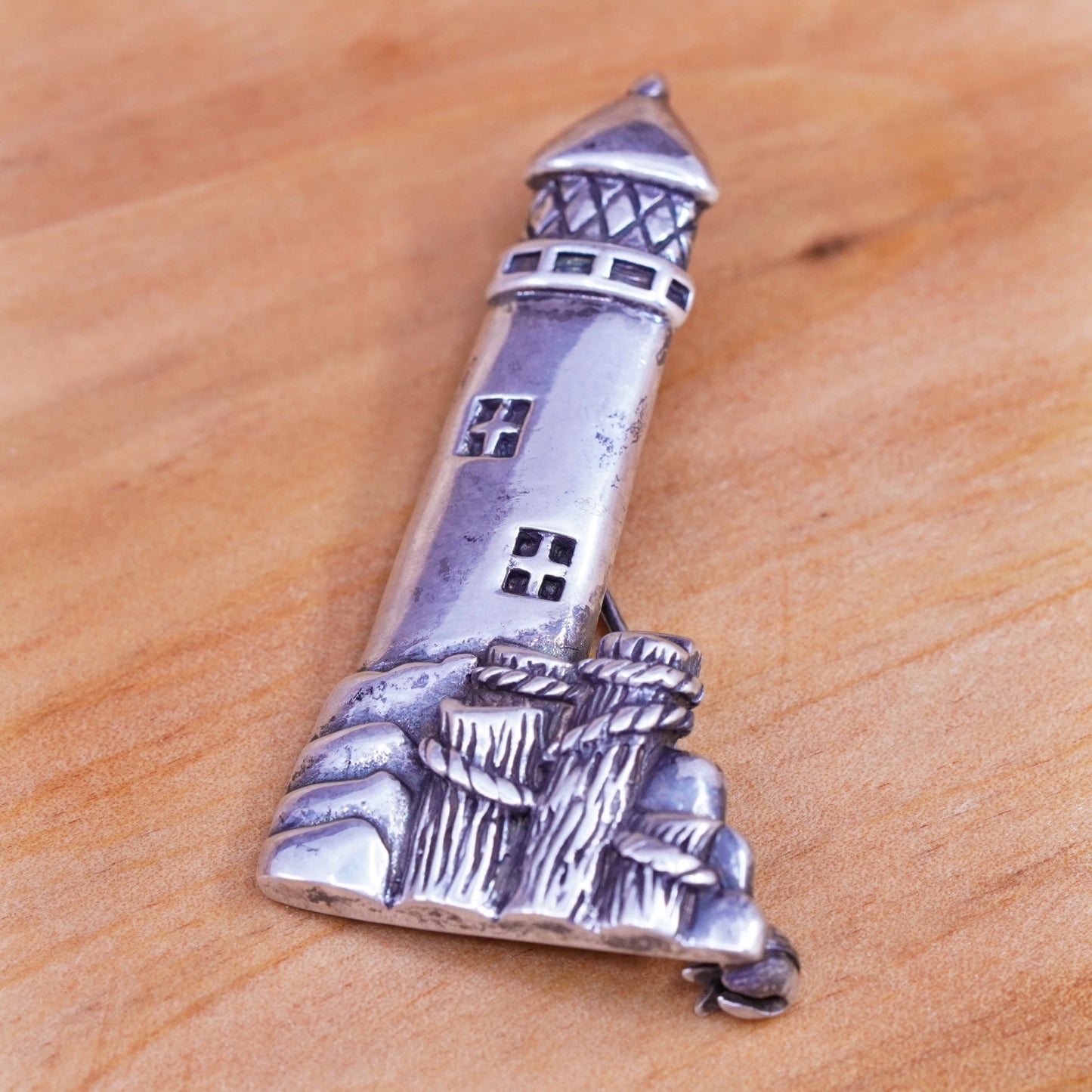 Vintage sterling silver handmade brooch, 925 lighthouse pendant w/ deck