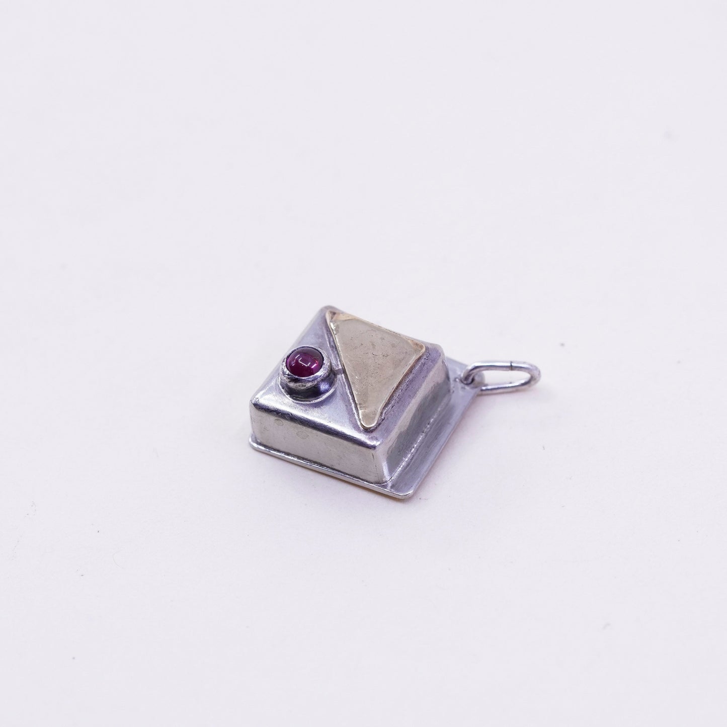 Vintage Sterling silver handmade pendant, Mexican 925 square with garnet brass