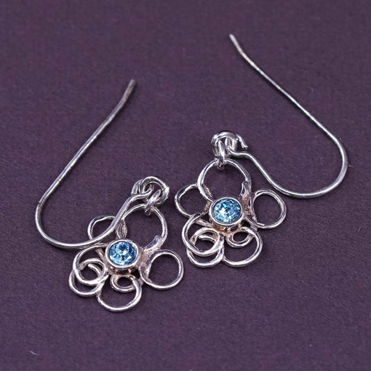 VTG Sterling silver handmade earrings, 925 swirl flower dangles w/ blue crystal