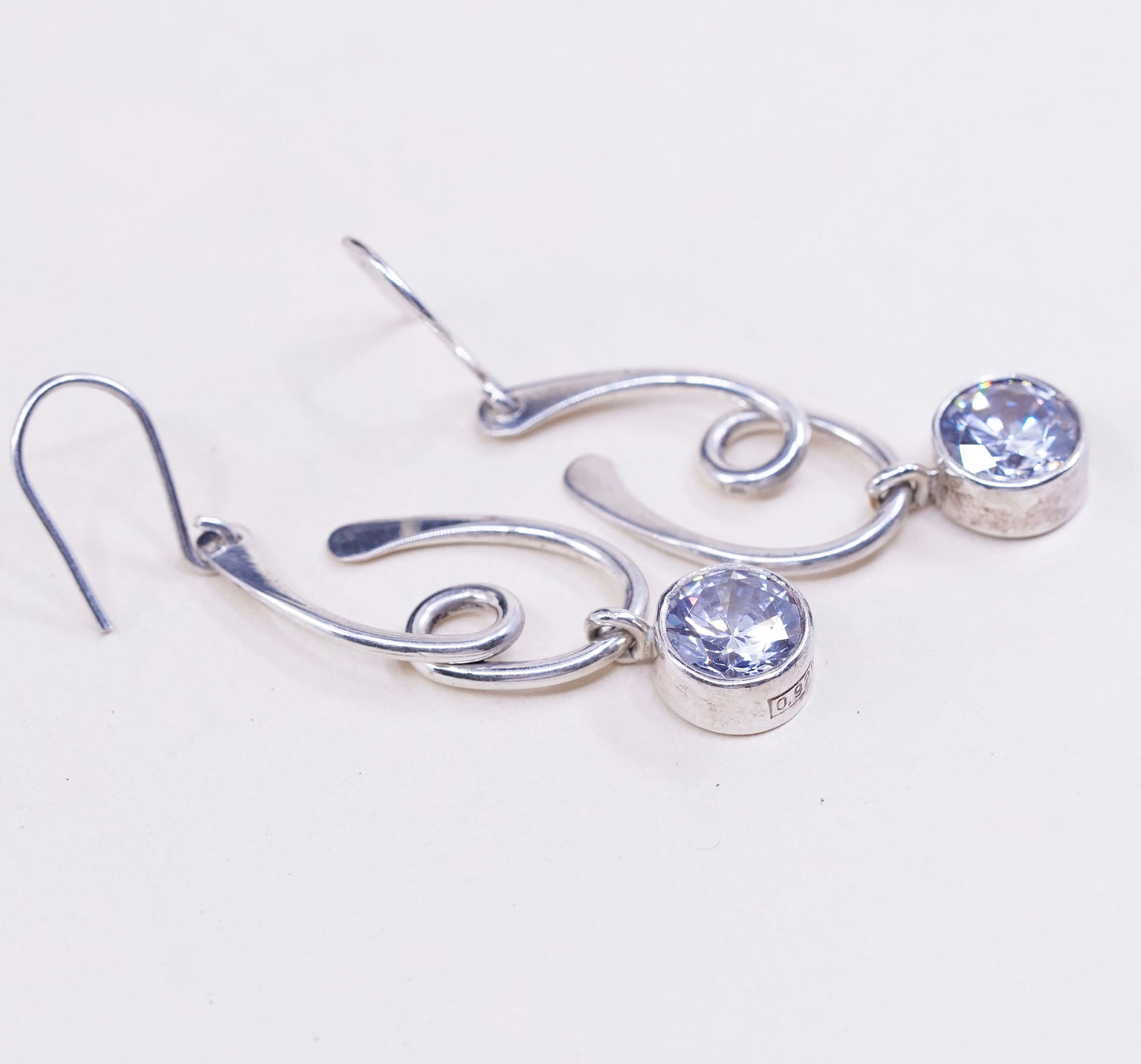 Vintage sterling silver handmade earrings, 925 swirl with round CZ