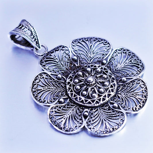 antique sterling 925 silver filigree flower pendant charm