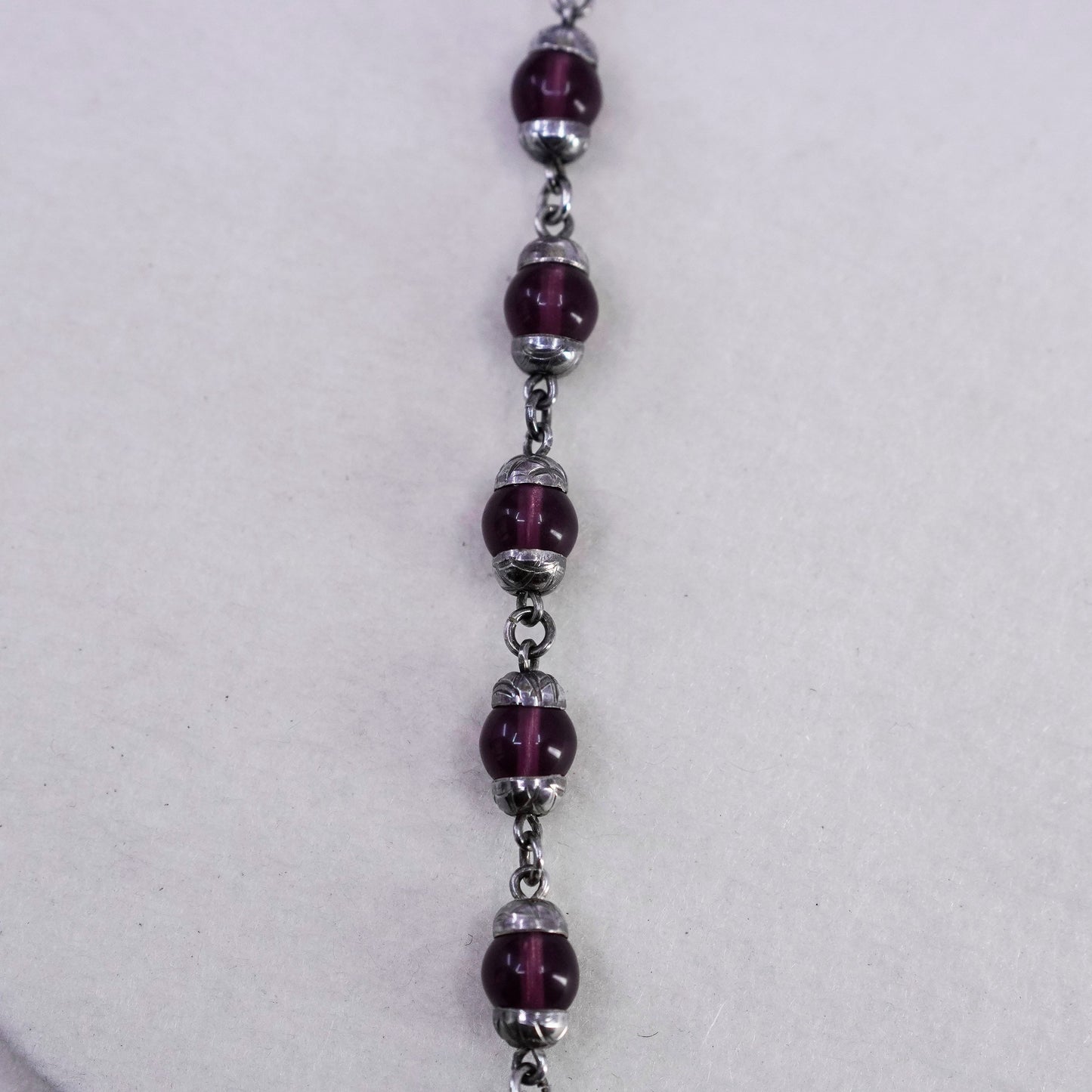 20”, vintage Mexico Sterling 925 silver handmade necklace w/ purple glass beads