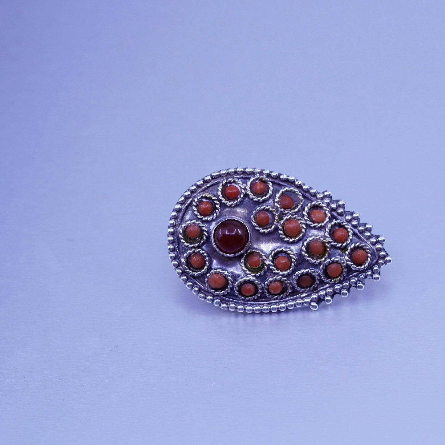 Native American Sterling 925 silver earrings, teardrop studs with coral garnet