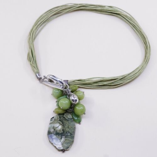 14”, Linen chain necklace W Cluster Jade Pendant N Sterling 925 Silver Toggle