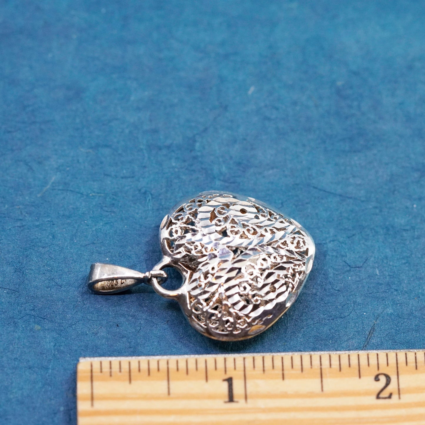 Vintage Sterling silver handmade pendant, 925 puffy filigree heart