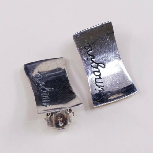 Vtg Modern Sterling Silver 925 EARRINGS, Square Clip On Embossed “imagine”