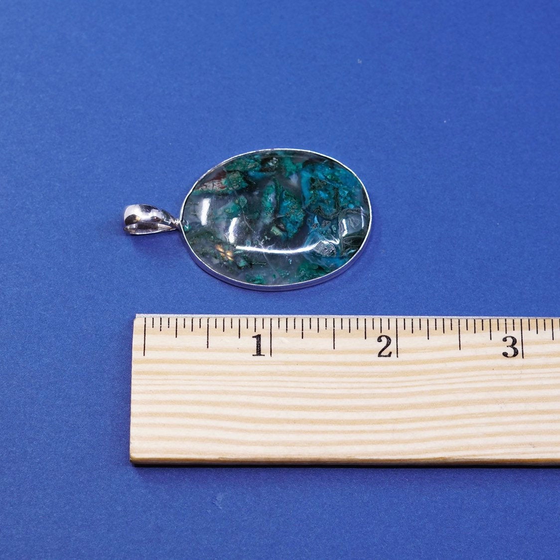 vtg sterling silver handmade pendant, 925 w/ green lace agate