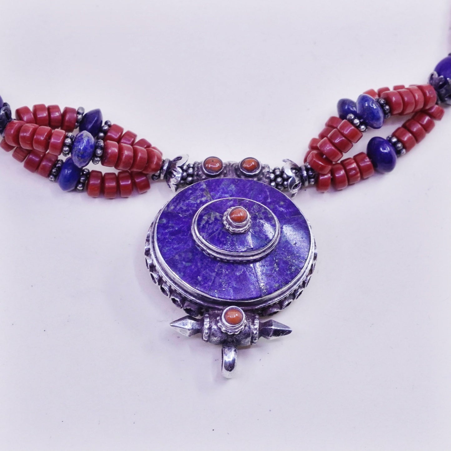 18”, native American Sterling 925 silver necklace, Coral heishi lapis lazuli