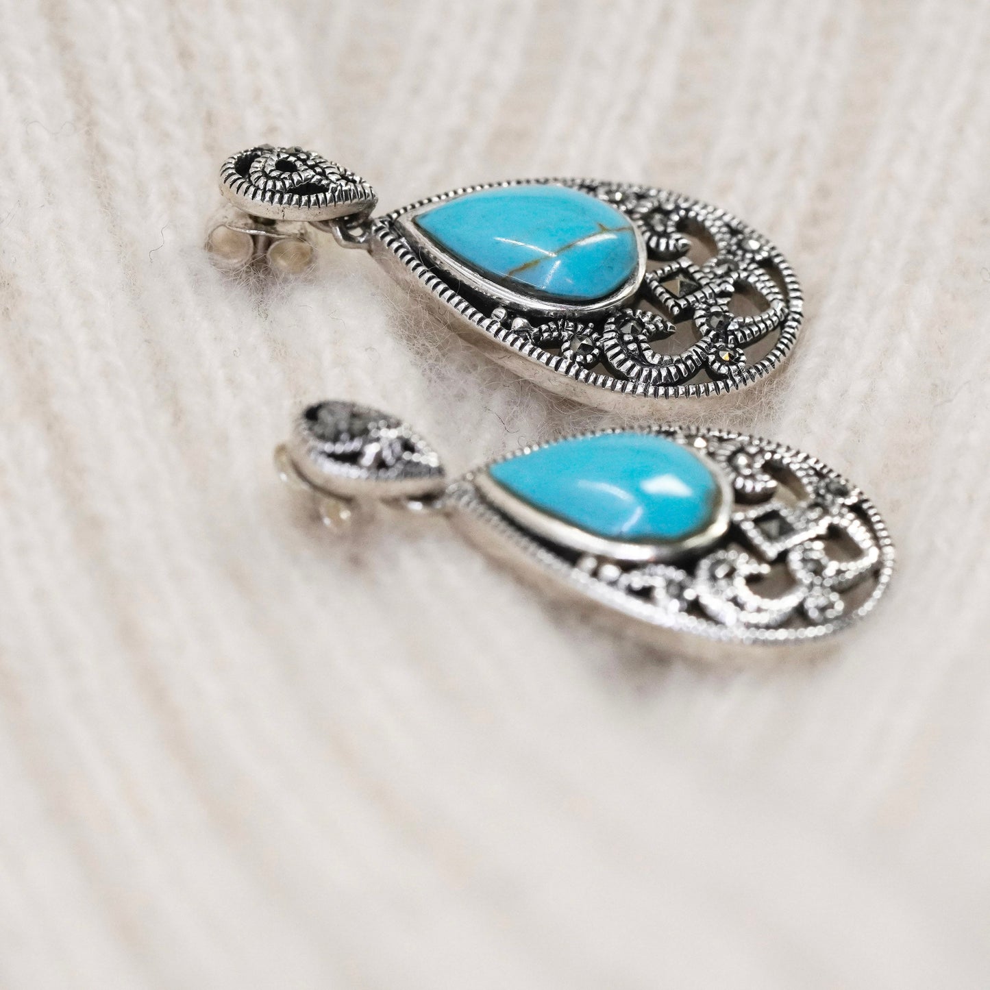 Vintage Sterling 925 silver handmade earrings with teardrop turquoise marcasite