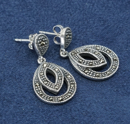 vtg sterling silver handmade earrings, 925 teardrop w/ marcasite